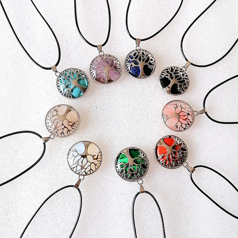 Natrual Stone Tree of Life Pendant Necklace Healing Amulet Chakra Healing Birthstone Necklaces for Women Nice Family Jewelry Gift
