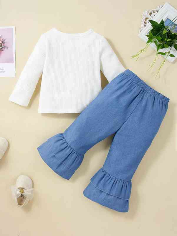 Baby Letter Graphic Bow Tee & Flare Leg Jeans SHE