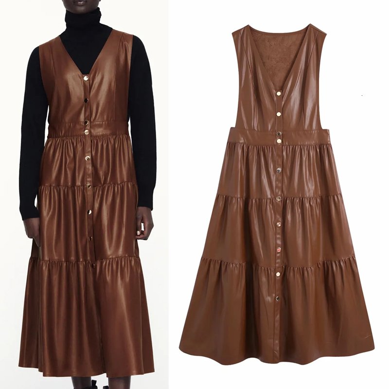 2021 New Faux Leather Pinafore Ruffle Women Fashion v Neck Sleeveless Midi Dress Woman Metal Snap Button Casual Dresses Zsii, Brown
2021 New Faux Leather Pinafore Ruffle Women Fashion v Neck Sleeveless Midi Dress Woman Metal Snap Button Casual Dresses Zsii, Brown