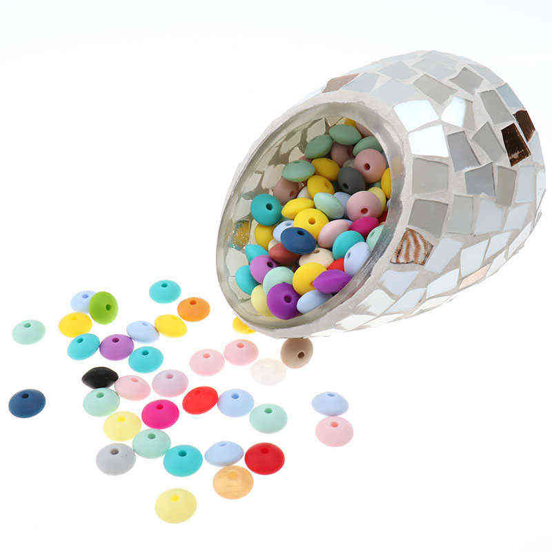 Fkisbox 300PCS Flat Silicone Teething Beads Lentils Teethers Bead Diy Food Grade Silicon Decorative Bracelet 12*7MM 220209