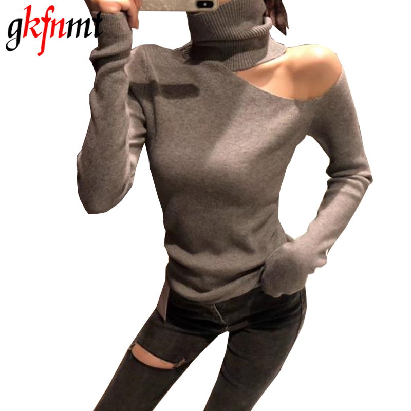 Knitted Sweater Off Shoulder Pullovers Sweater for Women Long Sleeve Turtleneck Female Jumper Black White Gray Sexy Clothing T200101