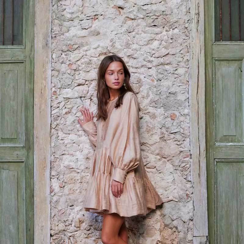 INSPIRED LINEN TUXEDO SHIRT women long Balloon sleeves autumn winter party tiered pleating BOHO DRESS 201127