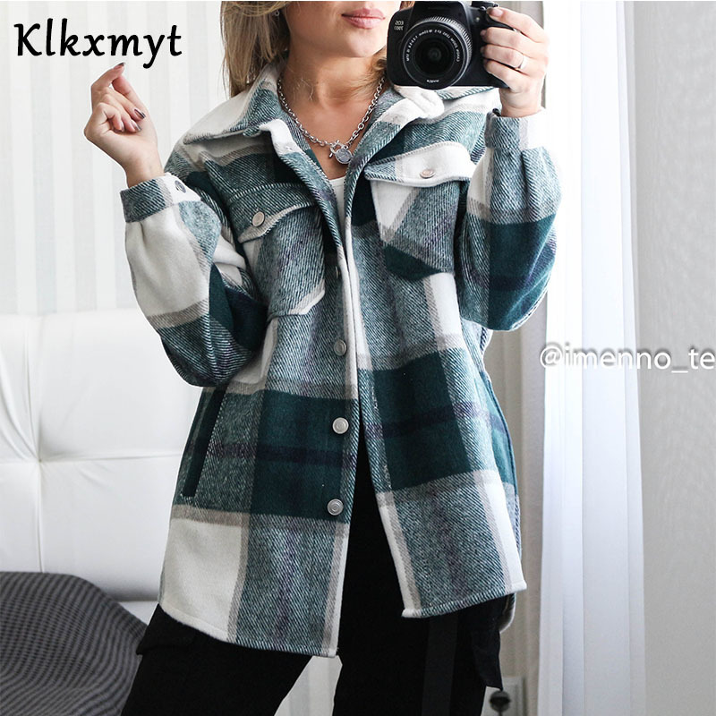 Klkxmyt Plaid Jacket Women Coat Autumn Winter Vintage Stylish Pockets Oversized Jacket Coat Casual Warm Chic Tops 201026