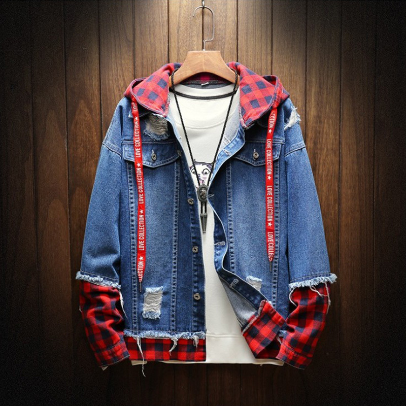 2020 Spring Autumn Fashion Jacket For Men Plaid Stripe Spliced Ripped Denim Jacket Men Youth Streetwear Hip Hop Jacket Hooded T200502
