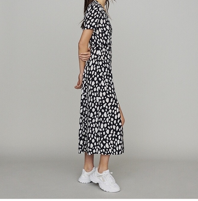 women long skirt spring new deep V neck short sleeve women elegant print split long skirt T200113