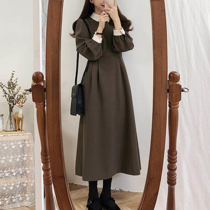 NORMOV Autumn Winter Long Hot Women Fashion Dress Solid Color A Line Patchwork Vintage Peter Pan Colla Knee-Length Dress 201008
