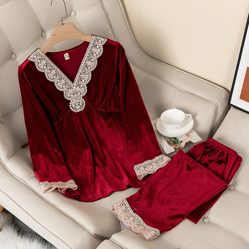 Women New Velour Nightwear Pajamas Suit Autumn Winter Loose Pijamas Velour Long Sleeve Tops&Pants Set Lace Patchwork Home Wear 201113