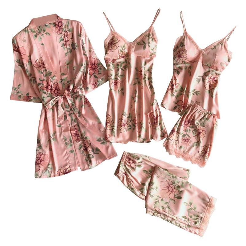Print Womne Pajamas 5PC Sexy Lace Satin Robe Bathrobe Trousers Shorts Lingerie Set Femme Pajamas Sleepwear pigiama donna, Pink
Print Womne Pajamas 5PC Sexy Lace Satin Robe Bathrobe Trousers Shorts Lingerie Set Femme Pajamas Sleepwear pigiama donna, Pink