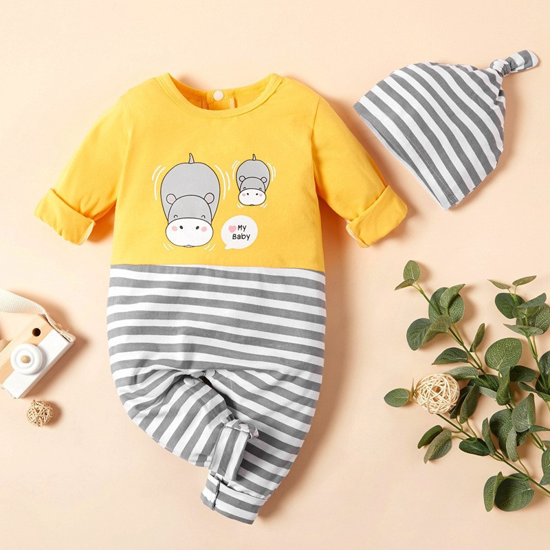 bunvel Newborn Baby Boy Girl Jumpsuit Jumpers Striped Patchwork Animal Print Toddler Kids Baby Girl Rompers + Hat Outfits Y1221