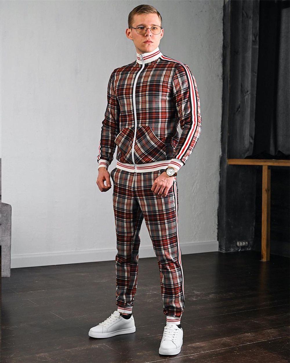 men's tracksuit spring autumn fashion Plaid tracksuit casual two piece set men's sports suit men's clothing men sets 201008