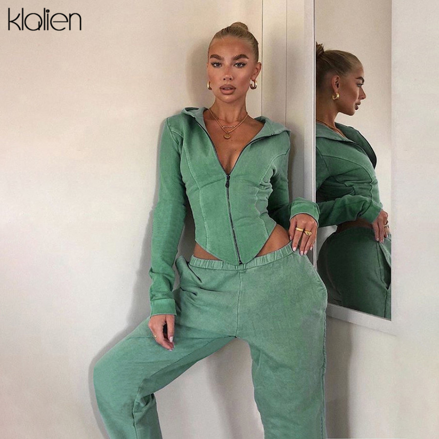 KLALIEN casual street sports style zipper hoodie and pant two piece set women tracksuit fitness female outfit high quality 201119