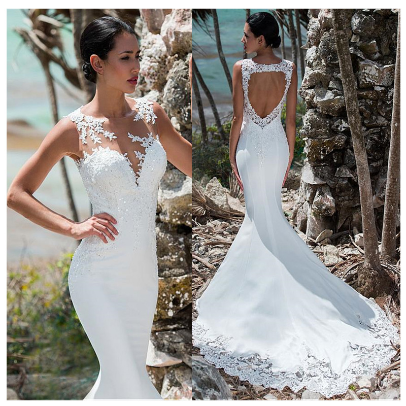 Mermaid Wedding Dress Sleeveless Lace Appliqued Illusion Back Boho Wedding Gown Long Train Bride Dress, White
Mermaid Wedding Dress Sleeveless Lace Appliqued Illusion Back Boho Wedding Gown Long Train Bride Dress, White