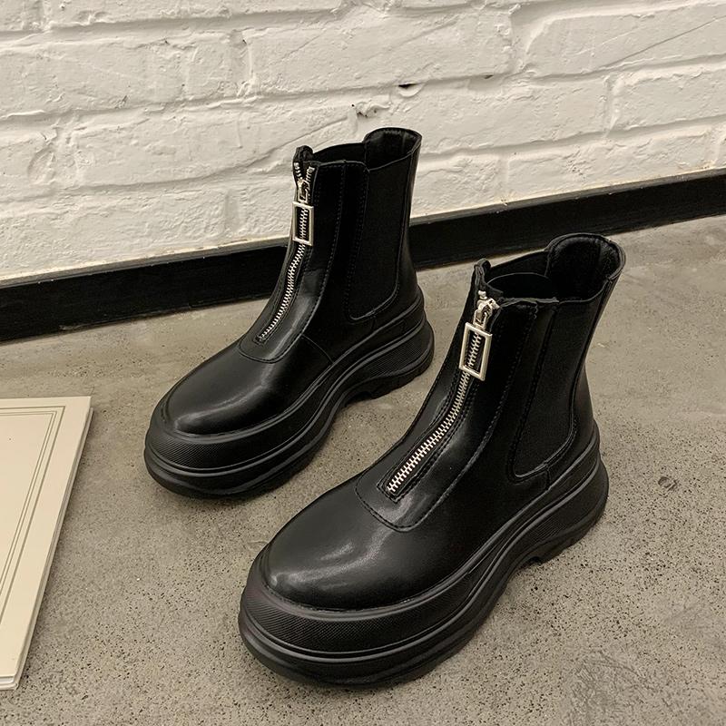 Muffins shine pu platform boots women elastic round toe short botas wedges high heels motorcycle bottes front zipper booties2020