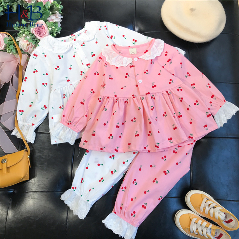 Humor Bear Spring Autumn New Girls Lace Cherry Pajama Set Baby Girl Home Service Thin Section Children's Long Sleeve 2pcs SuitX1019