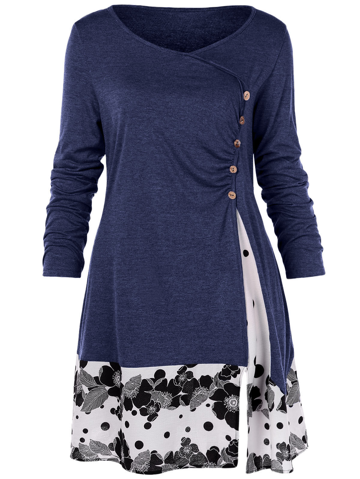 Plus Size 5XL Draped Floral Long Tunic Shirts Long Sleeve O-Neck Buttons Embellished Women Blouse Spring Casual Tops Tee T200321