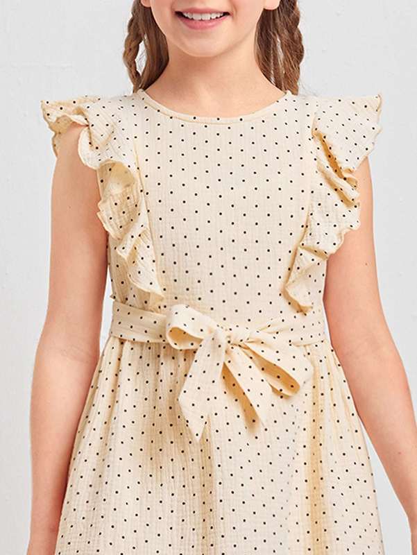 Girls Ruffle Trim Self Belted Polka Dot Dress SHE