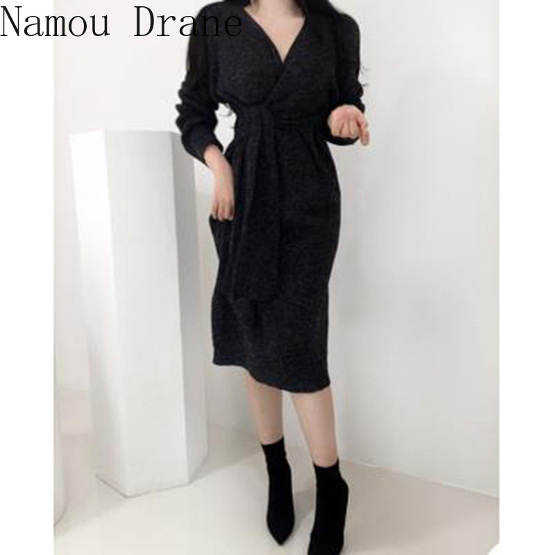 Korean Lace Up Sweater Dress Long Sleeve V-neck Elegant Knitted Dresses Autumn Winter Women Basic Vestidos 201126