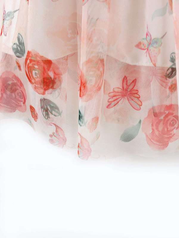 Girls Floral Print Puff Sleeve Ruffle Hem Mesh Dress SHE