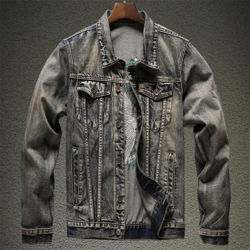 Men's crane embroidery long sleeve denim jacket Vintage gray blue slim embroidered coat Top outerwear 201118