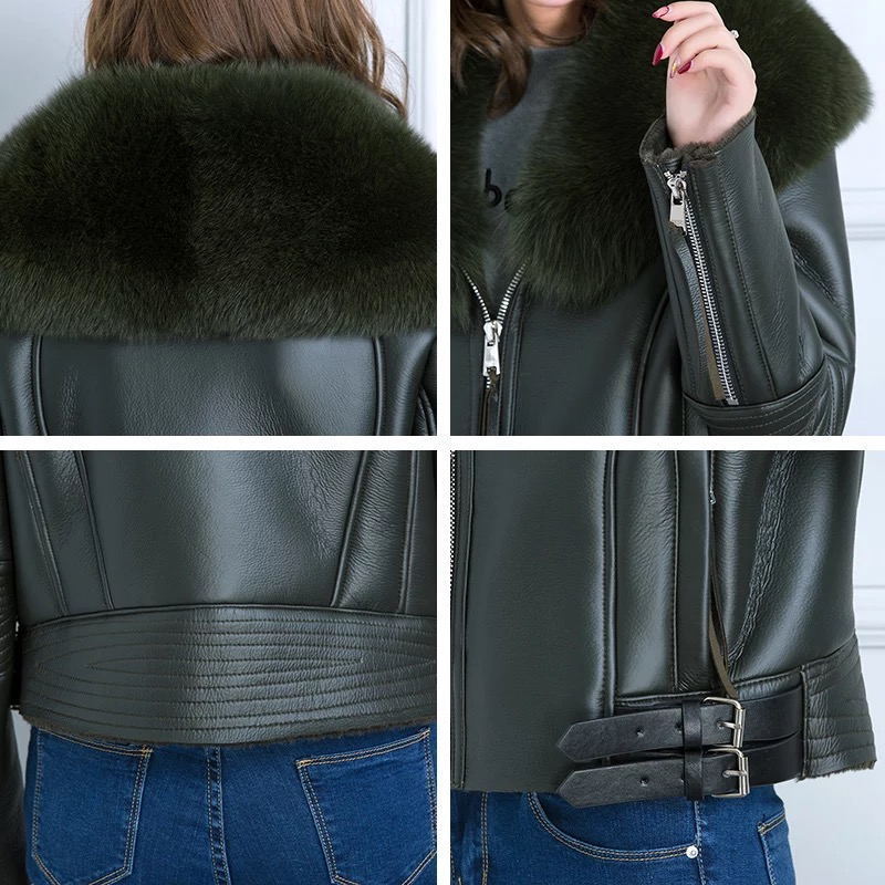 Ly Varey Lin Women Winter Faux Sheepskin Coat Short Faux Lambs Wool Fur Collar Leather jacket Warm Thick Female Zipper Outerwear 201020