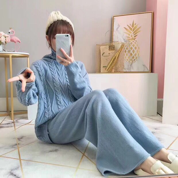 2020Women Woolen Solf warm Knitted suit Female wide legs pullover sweater & pant 2 piece set ,apricot Pink Green Blue T200118