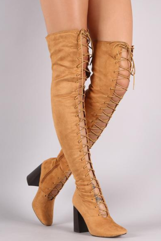 2020 Cross-tied Sexy Boots Square Toe on Knee Fashion Solid Heels Women's Shoes High Mgoe, The picture