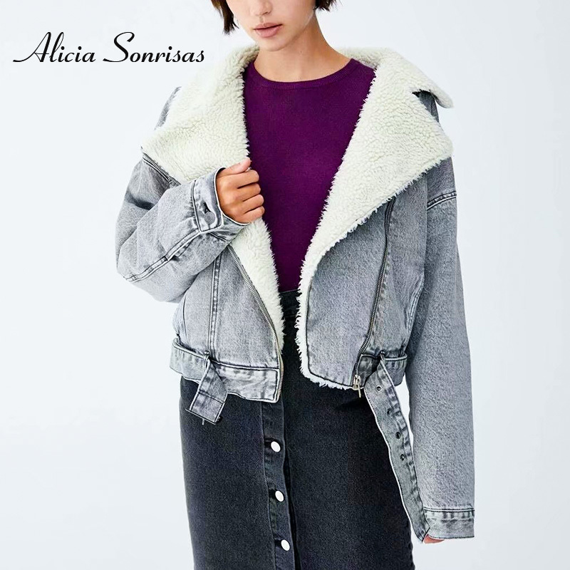 Winter Denim Jacket Women Lambskin Turn-down Collar Jeans Coat Women's Sashes Long Sleeve Motorcycle Coat Short Biker Jacket 201106, Blue short
Winter Denim Jacket Women Lambskin Turn-down Collar Jeans Coat Women's Sashes Long Sleeve Motorcycle Coat Short Biker Jacket 201106, Blue short