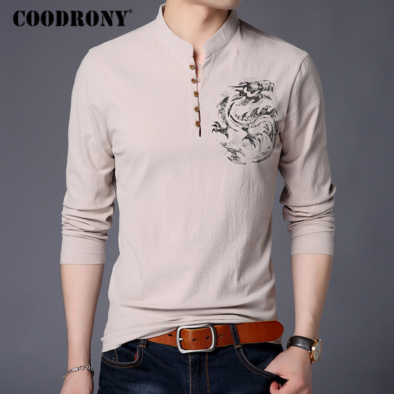 COODRONY Chinese Style Mandarin Collar T-Shirt Men Long Sleeve Cotton T Shirt Men Clothes Linen Tee Shirt Homme Tshirt T006 201202