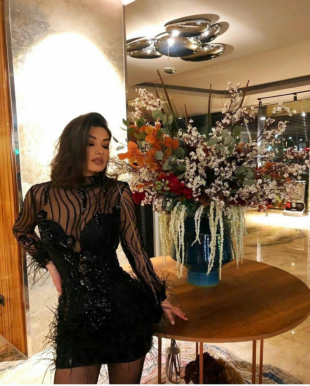little black dress 2022 Cocktail evening Dresses Long Sleeve Feather Beading Formal Dress Sexy Party Dresses Homecoming Dress