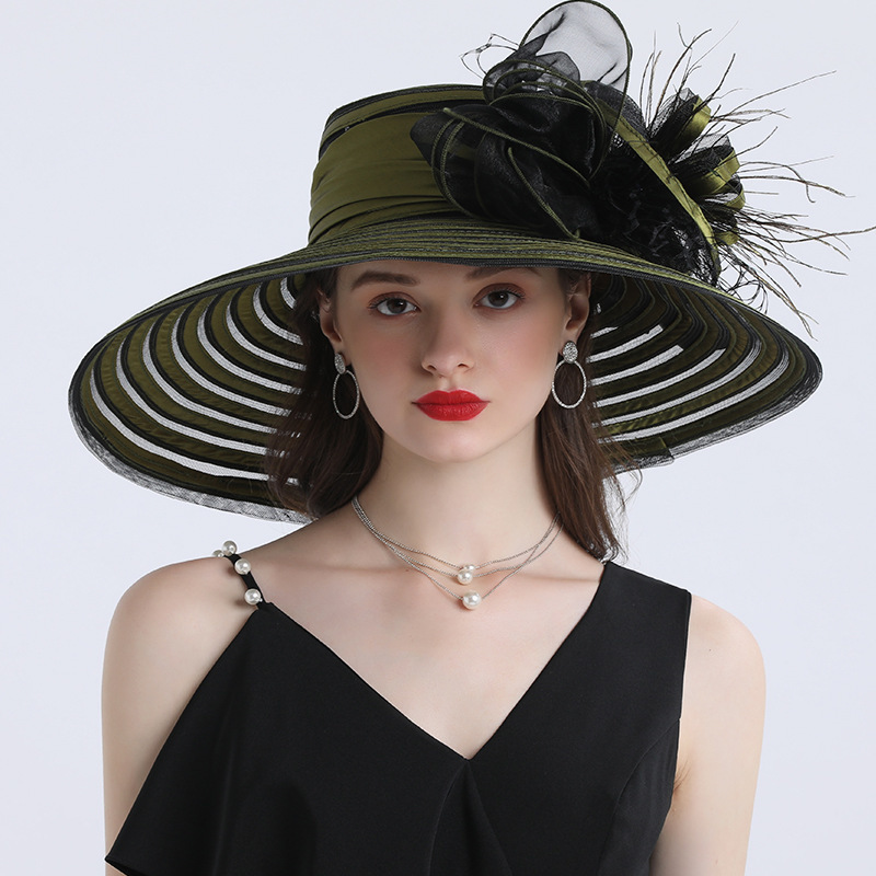 Elegant Women Feather Flower Striped Kentucky Derby Hat 16cm Wide Brim Church Dress Sun Hat Lady Summer Beach Party Wedding Hat Y2