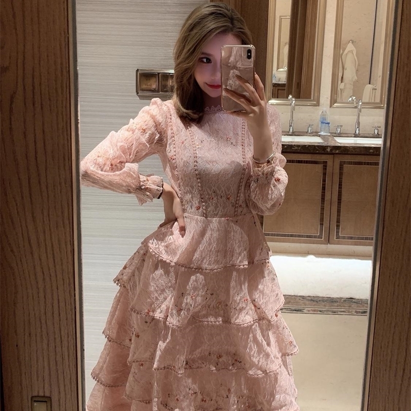 Pink Lace Embroidery Maxi Dress Female spring Winter Full sleeve high waist Ruffle elegant Long party dresses Woman 201028