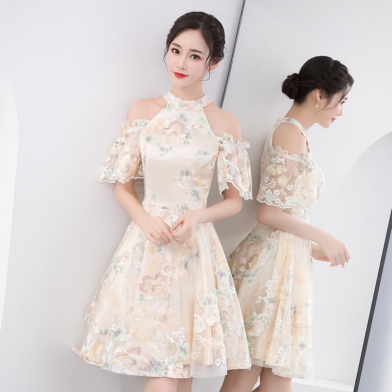 Party Dress Women Champagne XS2XL Plus Size A Line Mini Dresses New Spring Summer Floral Elegant Slim Dress Vestido LD1042 T200113
