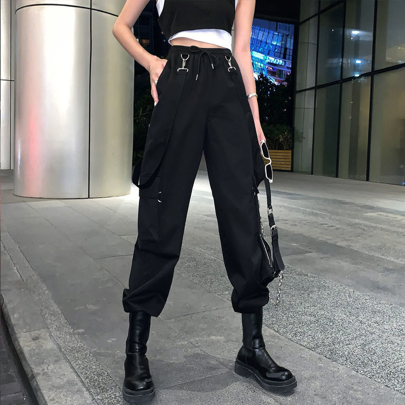 QWEEK Goth Cargo Pants Women Punk Plus Size Pants Harajuku High Waist Pants Oversized Detachable Strap Loose Casual Trousers Emo 201228
