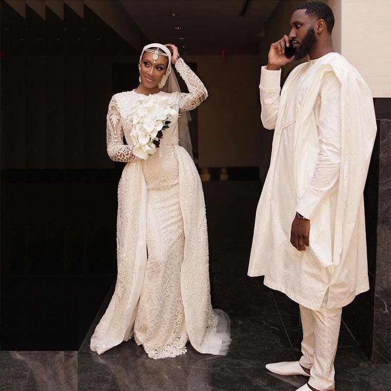 Graceful Full Lace Muslim Wedding Dresses With Detachable Train Beaded Long Sleeve Arabic Dubai Church Wedding Gowns African Nigeria Bride, Ivory
Graceful Full Lace Muslim Wedding Dresses With Detachable Train Beaded Long Sleeve Arabic Dubai Church Wedding Gowns African Nigeria Bride, Ivory