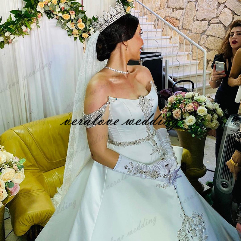 off the Shoulder A line Wedding Dress Beads Crystal Robe De Mariee Fashion uzbek wedding Gowns Glamour Bride Dresses