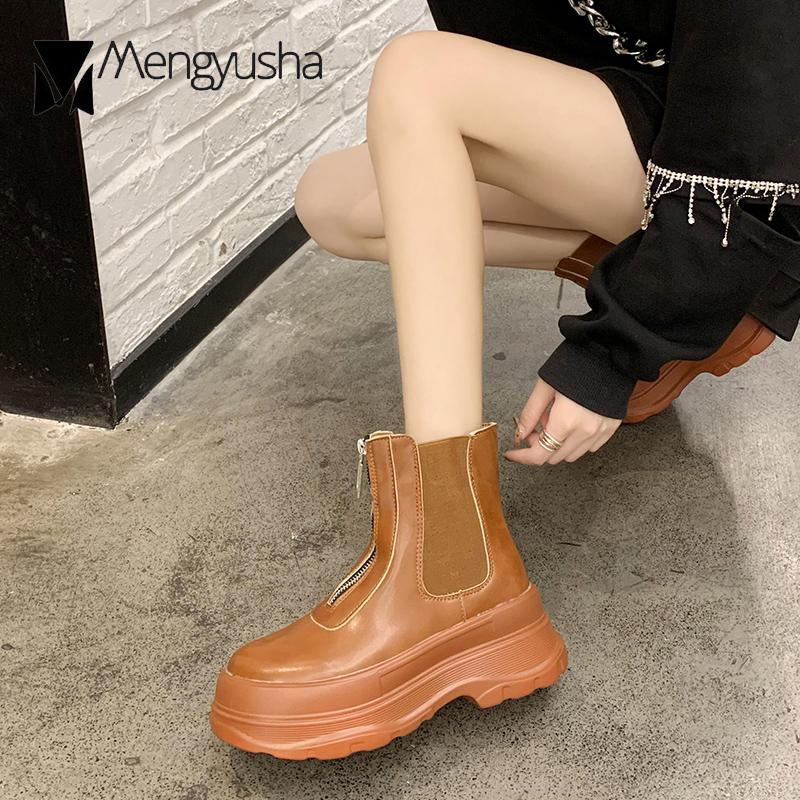 Muffins shine pu platform boots women elastic round toe short botas wedges high heels motorcycle bottes front zipper booties2020