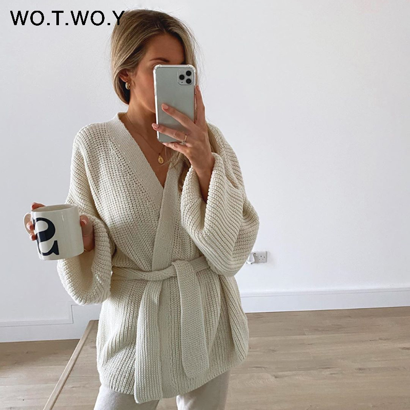 WOTWOY Sexy V-neck Knitted Cardigan Women Autumn Winter Long Sleeve Cropped Kimono Cardigans Female Solid Oversized Jumper 201023