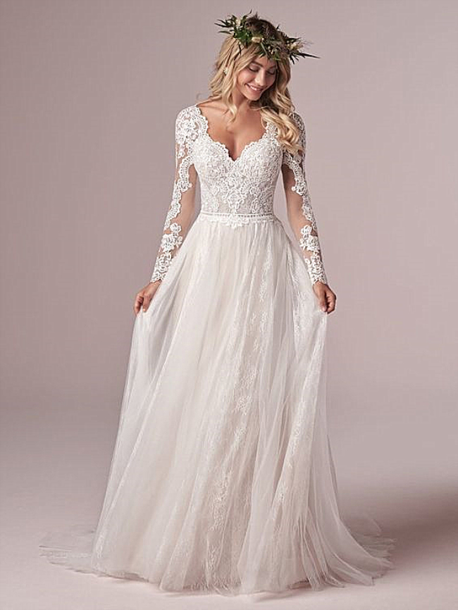 Long Sleeve Boho Beach Wedding Dresses Sexy Backless Deep V-neck Lace Tulle Bridal Gowns Plus Size Train Illusion Applique Bohemian Vestidos