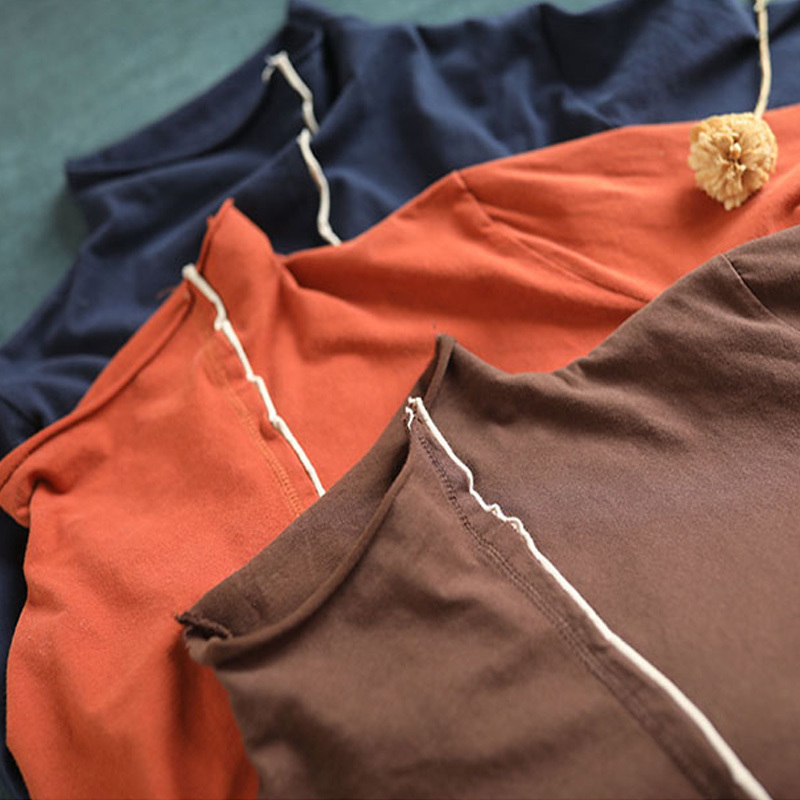 Johnature Women Cotton Turtleneck T-Shirts Patchwork Autumn New Long Sleeve 3 Color Casual Women Cloths Irregular T-Shirts 201028