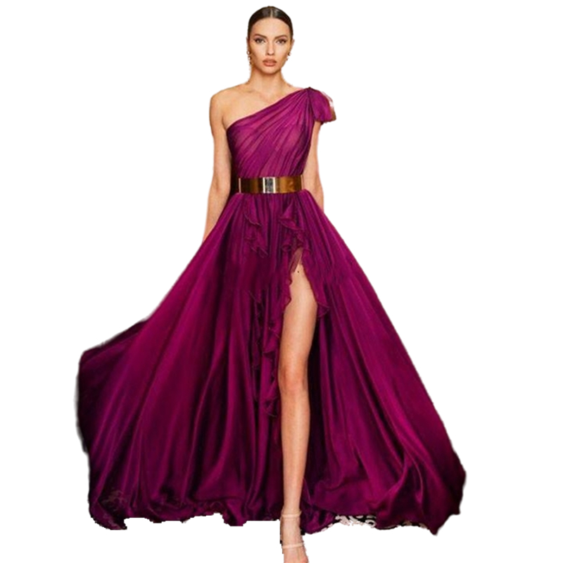 Charming One Shoulder Purple Evening Dresses With Golden Matel Sash Sexy Side High Slit Open Back Long Formal Party Gowns Chiffon Women Prom Dress ves