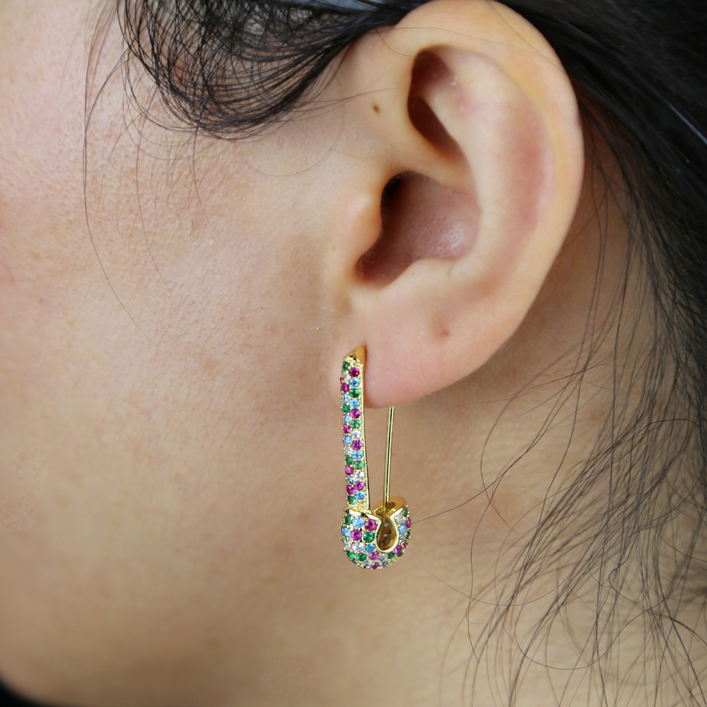 Wholesale Rainbow Colorful Wedding Earring Paved White Pink Green Blue Cz Unique Paperclip Safety Pin Stud Earings Women Fashion Jewelry