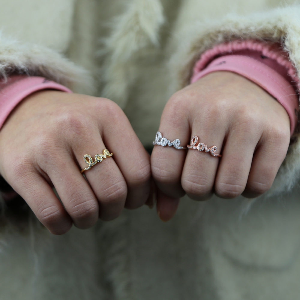 Real 925 Sterling Silver Rings Simple Letter Love charm ring with Zircon paved For Women Fine Silver Jewelry Engagement Wedding