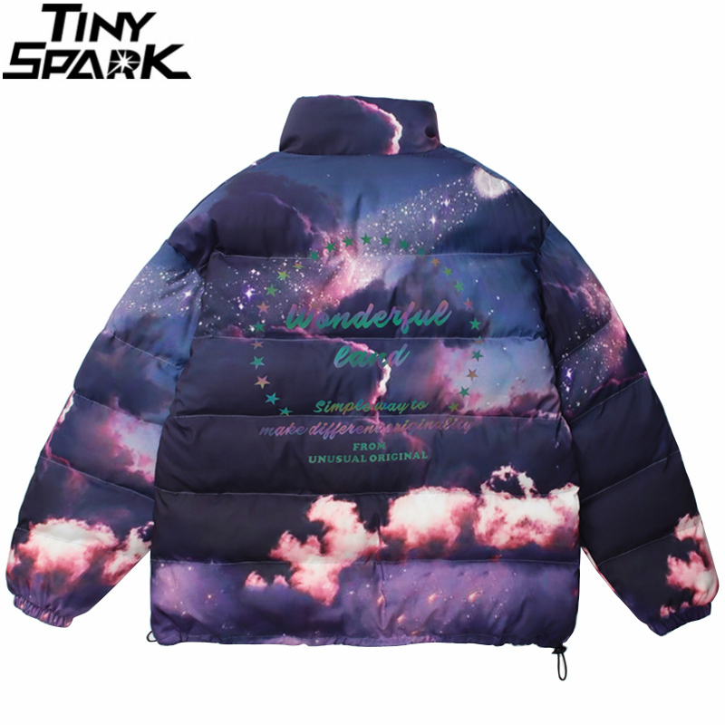Mens Hip Hop Parka Jacket Streetwear Sky Printed Jacket Harajuku Cotton Winter Padded Jacket Coat Warm Outwear Thick 201128