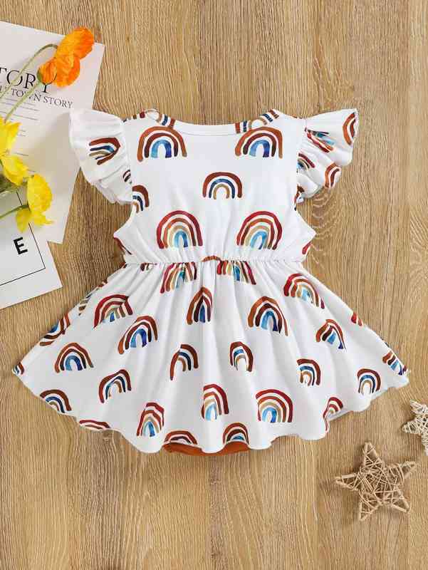 Baby Rainbow Print Ruffle Sleeve Bow Front Combo Bodysuit Dress SHE