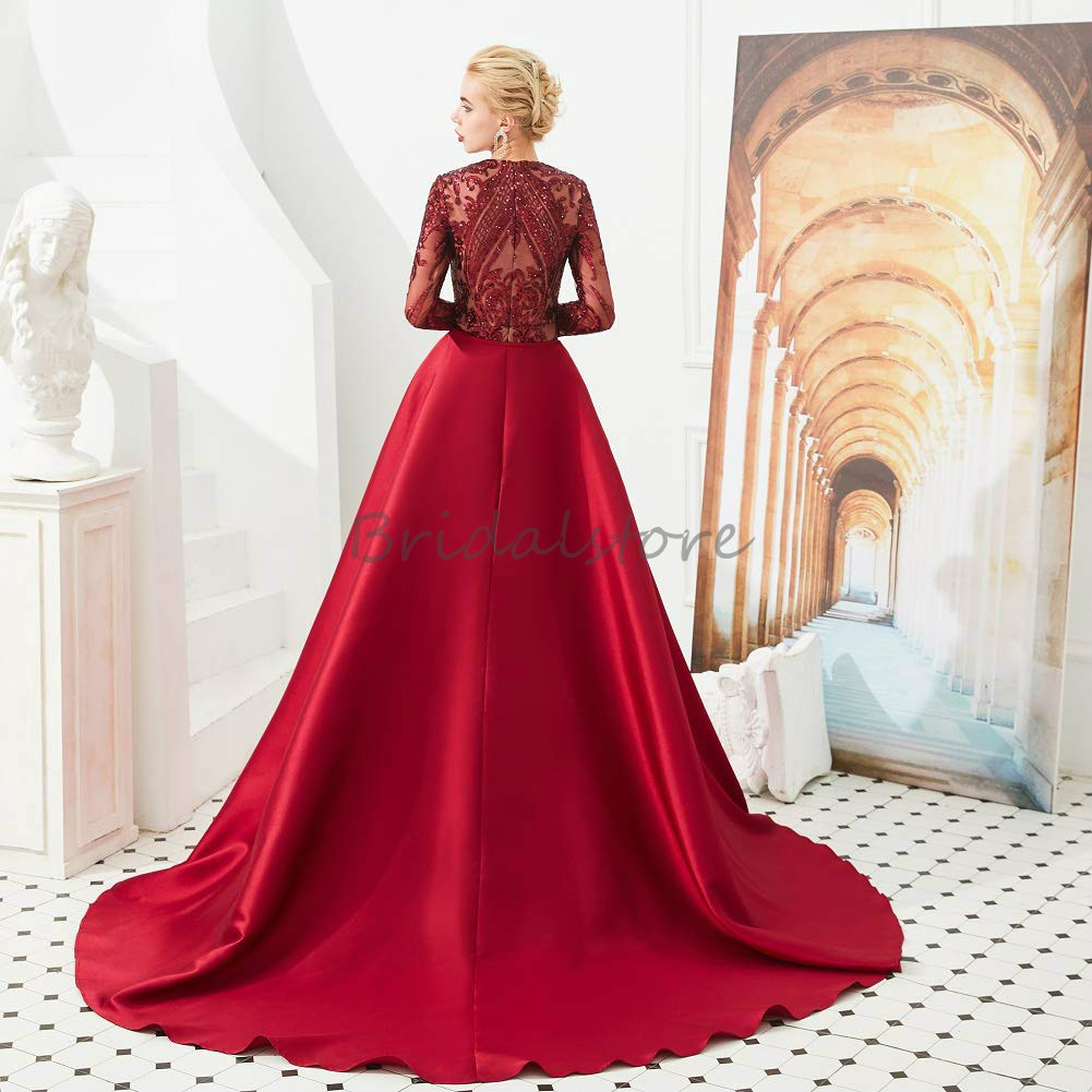 Chi Chi Red Green Mermaid Evening Dresses With Detachable Train O Neck Long Sleeve Sequined Prom Dresses Dubai Muslim Abaya Formal Gown 2021