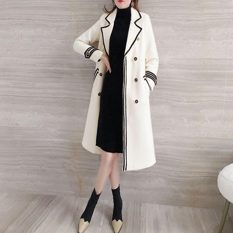 Womens Winter Wool Imitation Mink Veet Jacket, Ivory White Loose Mid-Length Thickening Coat, Double Breasted V-Neck Long Sleeve B3