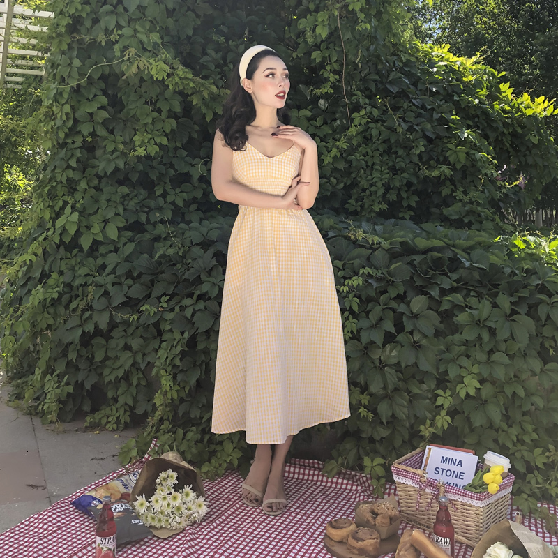 2021 New Vintage French Girl Yellow Plaid Spaghetti Girdle Ankle-length Long Cotton v Neck Dress 8ML6, Clear
2021 New Vintage French Girl Yellow Plaid Spaghetti Girdle Ankle-length Long Cotton v Neck Dress 8ML6, Clear