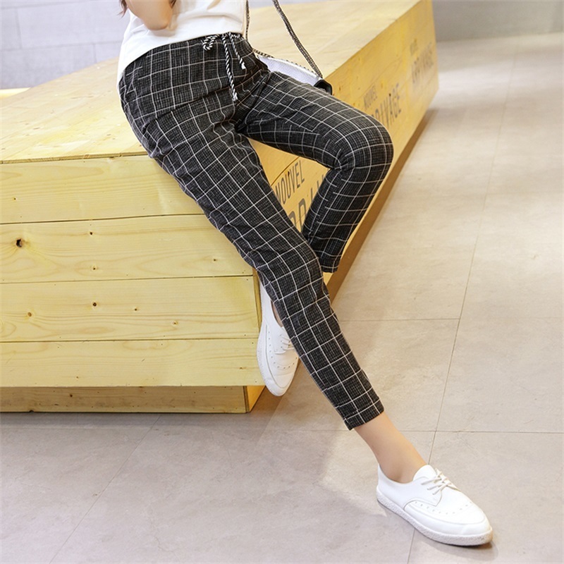 Spring Summer Women Harem Pants Elastic Waist Plaid Casual Loose Pants Fashion Ankle-length Straight Pants Vintage Trousers 201031
