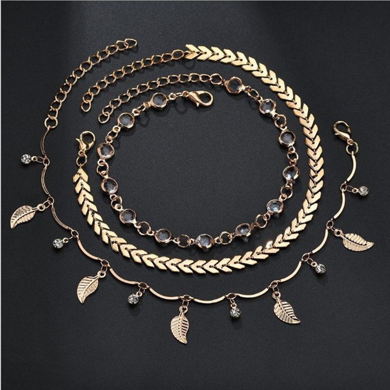 Crystal Arrow Leaf Tassel Anklet Chain Gold Multilayer Wrap Foot Chain Foot Bracelet Fashion Beach Jewelry