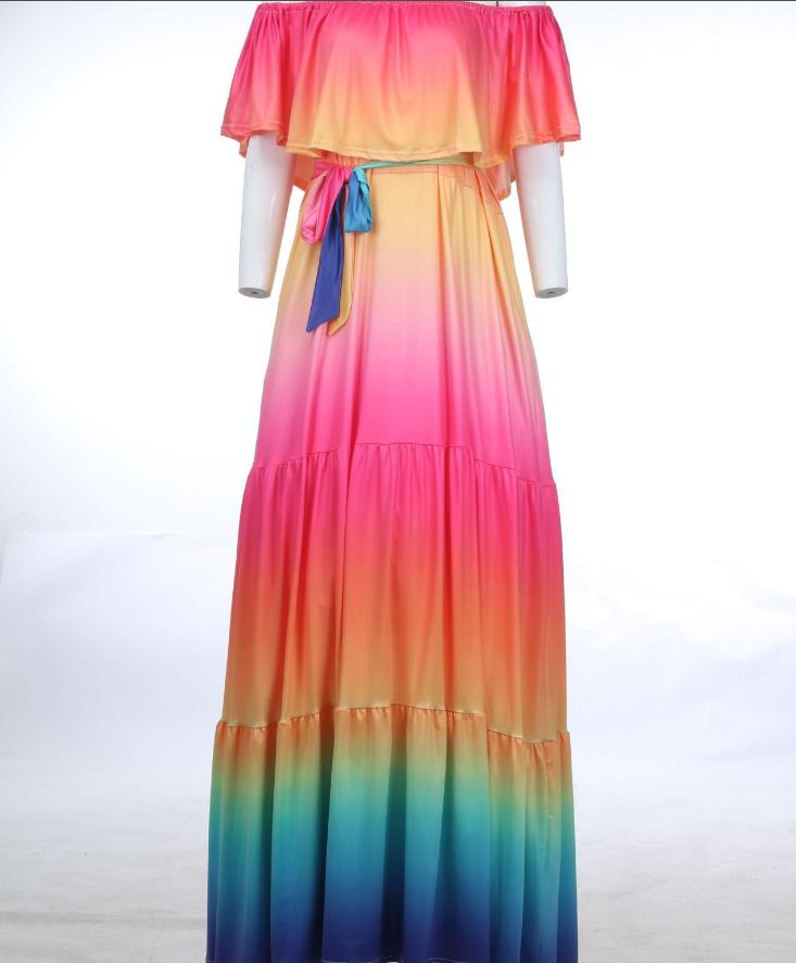 Women's Elegant Off Shoulder Summer Ruffle Beach Maxi Dress Rainbow Pleated Casual Long Dresses Full Length S-2XL